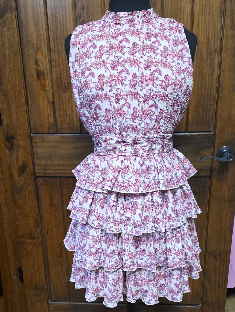 TCEC Sleeveless Tiered Ruffle Mini Dress - Pink/White - Size S